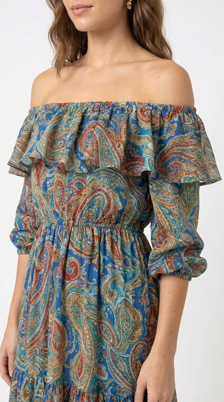 Women's Paisley Off Shoulder Maxi Dress | Boho Ruffle Summer Dress