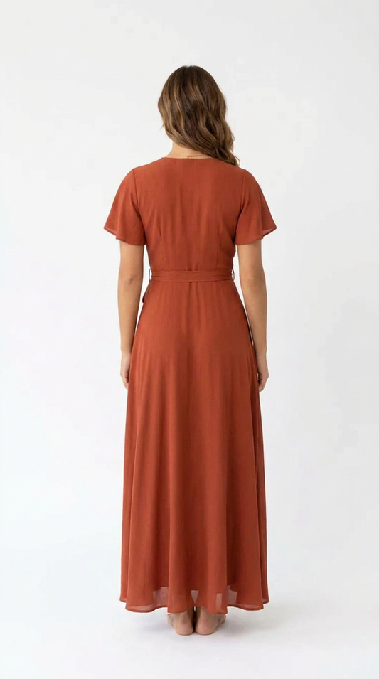 Women's Terracotta Wrap Maxi Dress | Flutter Sleeve V-Neck Summer Dress