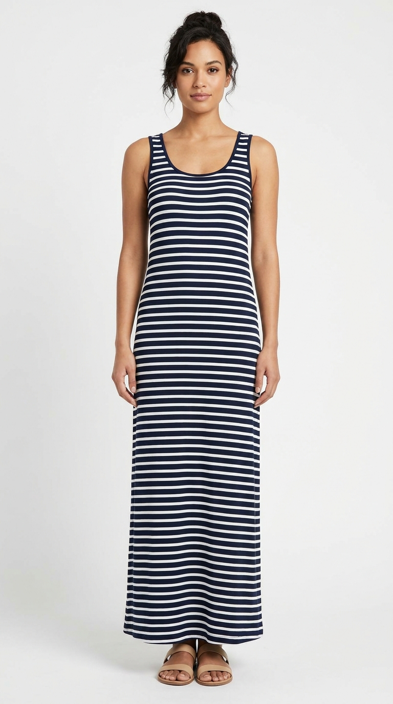 Women's Navy Striped Maxi Dress | Casual Sleeveless Tank Summer Dress