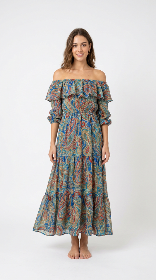 Women's Paisley Off Shoulder Maxi Dress | Boho Ruffle Summer Dress