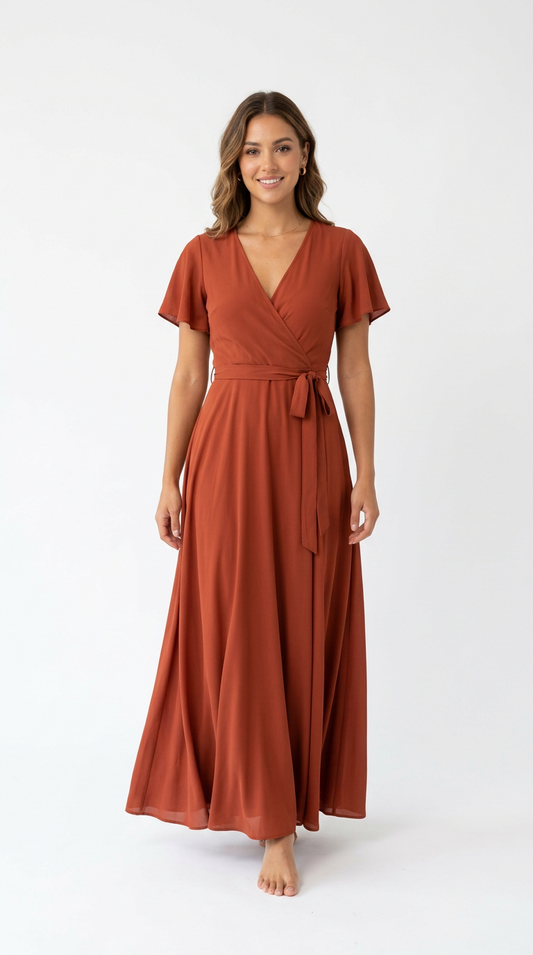 Women's Terracotta Wrap Maxi Dress | Flutter Sleeve V-Neck Summer Dress