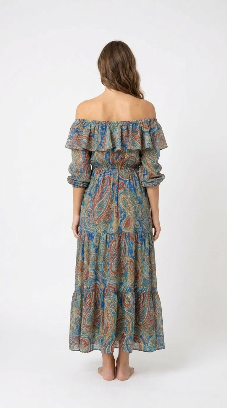 Women's Paisley Off Shoulder Maxi Dress | Boho Ruffle Summer Dress