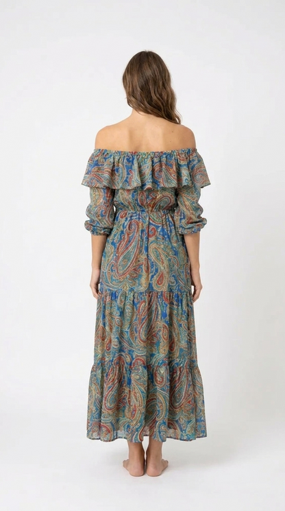 Women's Paisley Off Shoulder Maxi Dress | Boho Ruffle Summer Dress