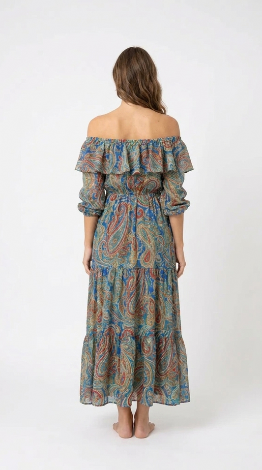 Women's Paisley Off Shoulder Maxi Dress | Boho Ruffle Summer Dress