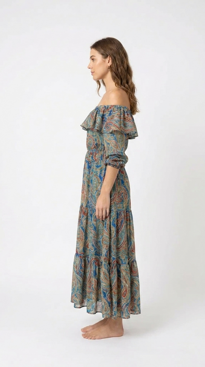 Women's Paisley Off Shoulder Maxi Dress | Boho Ruffle Summer Dress