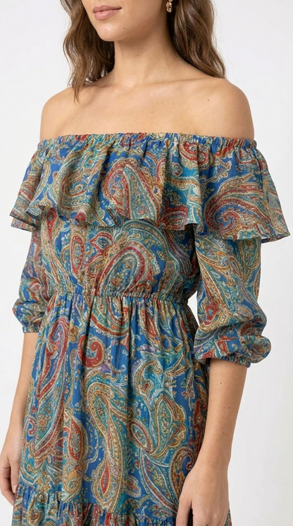 Women's Paisley Off Shoulder Maxi Dress | Boho Ruffle Summer Dress