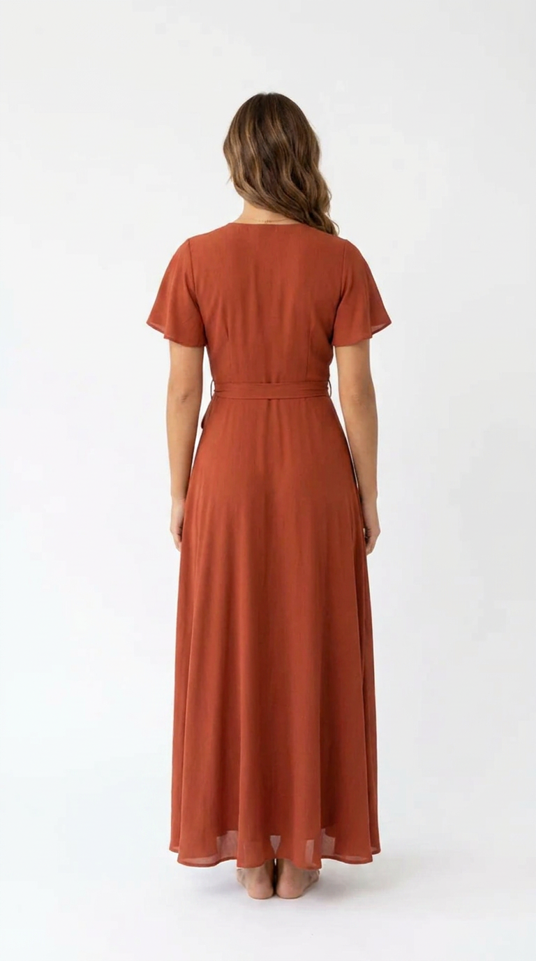 Women's Terracotta Wrap Maxi Dress | Flutter Sleeve V-Neck Summer Dress