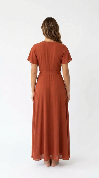 Women's Terracotta Wrap Maxi Dress | Flutter Sleeve V-Neck Summer Dress
