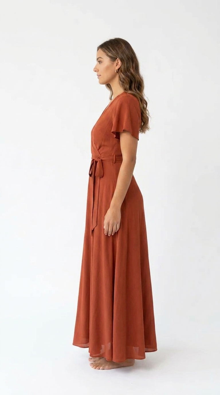 Women's Terracotta Wrap Maxi Dress | Flutter Sleeve V-Neck Summer Dress