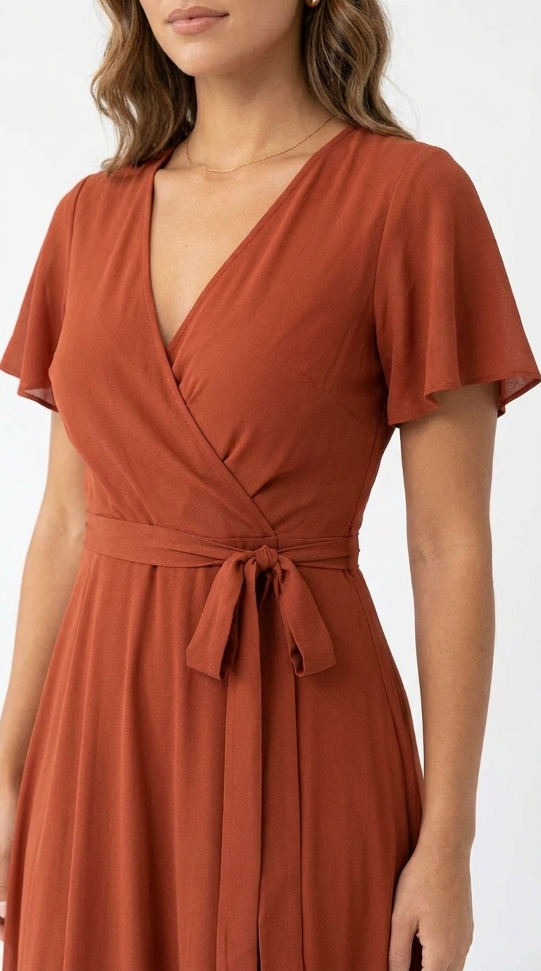 Women's Terracotta Wrap Maxi Dress | Flutter Sleeve V-Neck Summer Dress